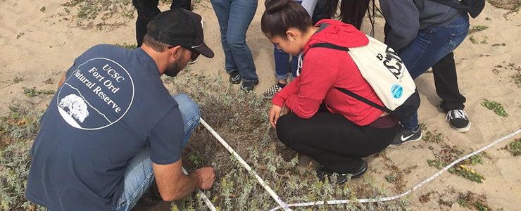 Reserve staff demonstrates how to measure vegetation to students from Aptos High School.